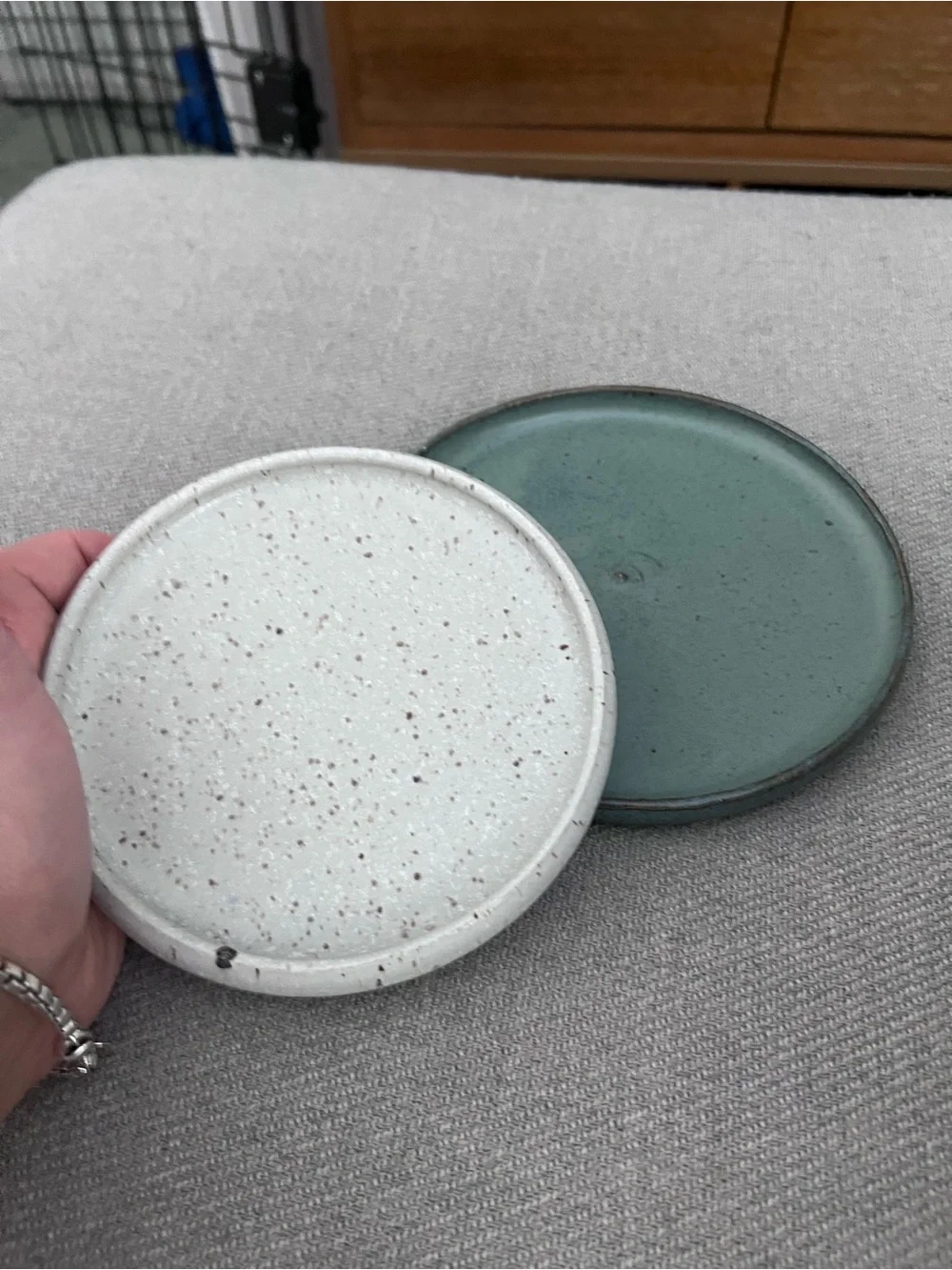 Handmade Ceramic Coasters - Speckled White & Sage Green